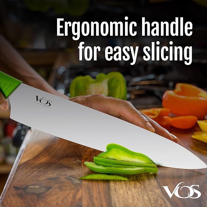Vos Ceramic Chef Knife 8 Inch with Protection Cover – Large Ceramic Kitchen Knife for Slicing, Dicing, and Fruits – Lightweight Zirconia Blade – Luxury Gift Packaging – Ultra Sharp Chefs Knife (Green)