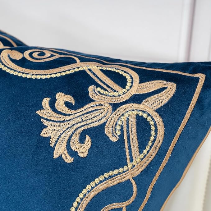 Aeckself European Floral Pillow Cover 20x20 Inch, Luxury Velvet Embroidered Decorative Throw Pillow Cover for Couch Bedroom Living Room, Navy Blue and Gold, Yw-OBYG-Blue5050