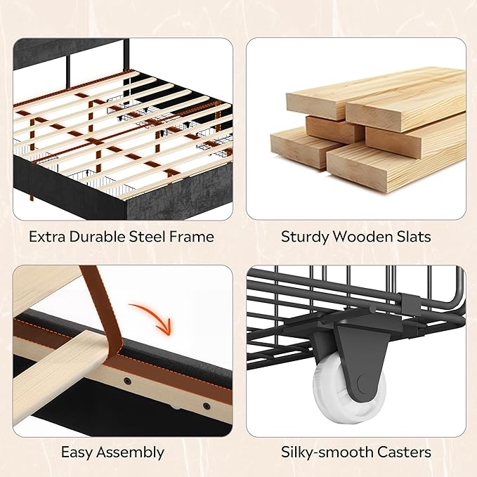 WLIVE King Size Upholstered Bed Frame with 4 Drawers and Velvet Square Tufted Headboard, Sturdy Metal & Wooden Slats Support, No Box Spring Needed, Easy Assembly, Black