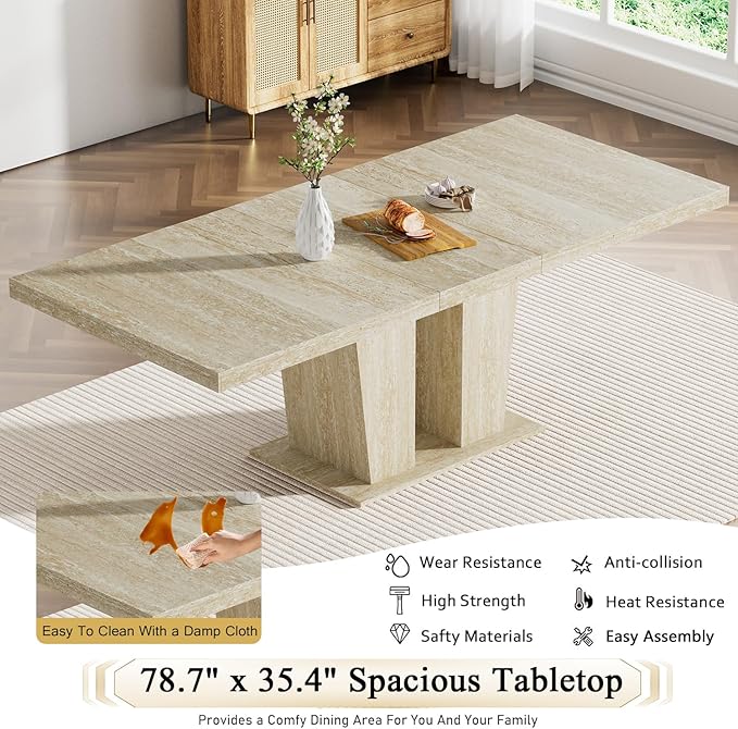 Goujxcy 5-Piece Extendable Dining Table Set for 4, 63-78 Inch Faux Travetine Kitchen Table Set with 4 Beige Upholstered Chairs Modern Wood Expandable Dining Room Table Set for Kitchen Apartment