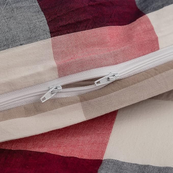 FACE TWO FACE Bedding Duvet Cover Set100% Washed Cotton Duvet Cover Linen Like Textured Breathable Durable Soft Comfy (California King, Blue red Grid)