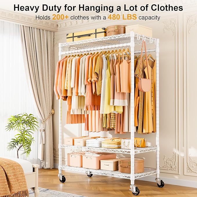 P7 Rolling Clothes Rack, Clothing Racks for Hanging Clothes, Heavy Duty Garment Rack with Wheels, 3 Tiers Freestanding Portable Closet Rack 45''W × 20.5''D × 80.5''H, Max Load 480 lbs, White