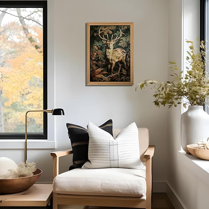 AKWISH Framed 3D Textured Vintage Wall Art - Dark Academia Decor Sika Deer Hand Drawn Sandstone Paintings with Botanical Florals, Aesthetic Wall Decor for Living Room Bedroom Home 12x16 inch