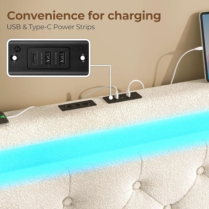 Rolanstar LED Bed Frame Queen Size, Queen Bed with 4 Storage Drawers and Charging Station, 2 Type C Port & 1 USB Port, Adjustable Upholstered Headboard 38.9/40.8 Inches, No Box Spring Needed, White