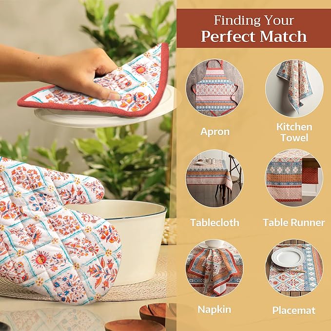 Maison d' Hermine 100% Cotton Oven Mitt & Pot Holder Set (7.5"x13" & 8"x8") Heat Resistant BBQ Cooking Gloves with Loop for Thanksgiving Christmas Decorations Handling Hot Pans (Cachemire)