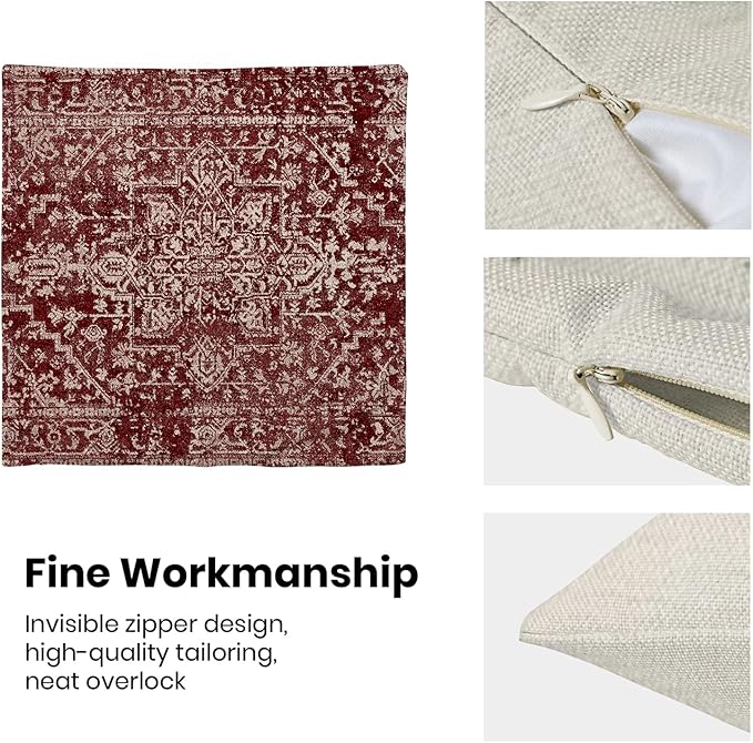 Boho Throw Pillow Covers 18x18 Inch Set of 2, Carpet Pattern Wine Red Decorative Throw Pillow Covers Christmas Burgandy Red Linen Outdoor Cushion Cover for Sofa Couch Farmhouse Room Bed Decor