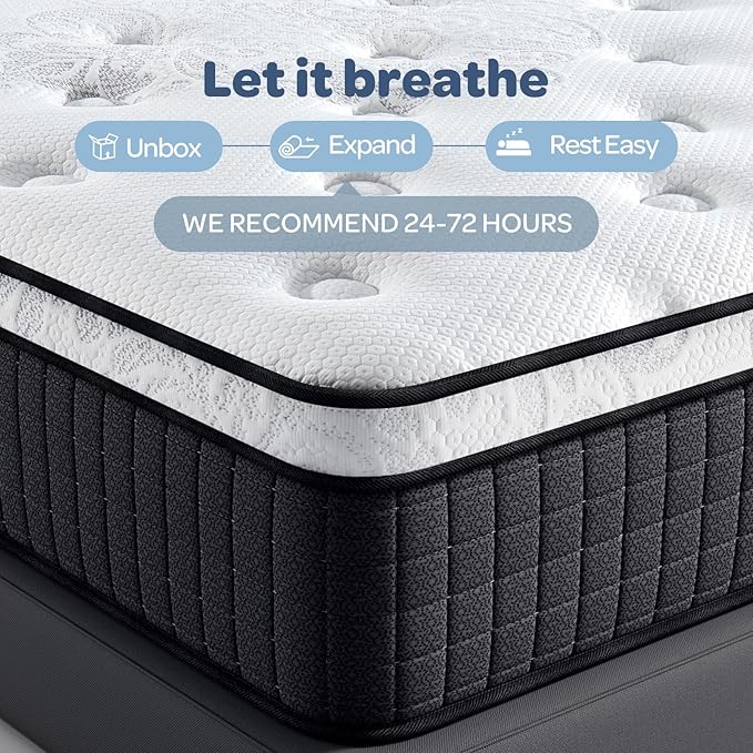 OhGeni 10 Inch Cooling Queen Size Mattress, Hybrid Gel-Infused Memory Foam Bed Mattresses in a Box, Medium Feel Cool Top Fabric, Individual Pocket Innerspring, 3-Zone Design & Reinforced Edge Support