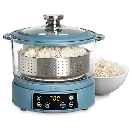 COOK WITH COLOR 3L Glass Low Carb Rice Cooker - Makes 6 Cups Cooked Low Sugar Rice with Auto Lift Filter Basket, Hotpot & Steamer for Rice, Grains and Oats, Digital Panel with Keep Warm, Slate Blue
