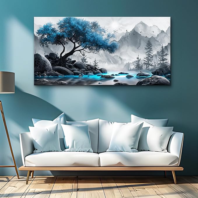 Lapremoly Black And White Painting Canvas Wall Art For Living Room Large Wall Decor For Office Wall Decorations For Bedroom Blue Tree Landscape Wall Pictures Hotel Artwork Posters Family Home Decor