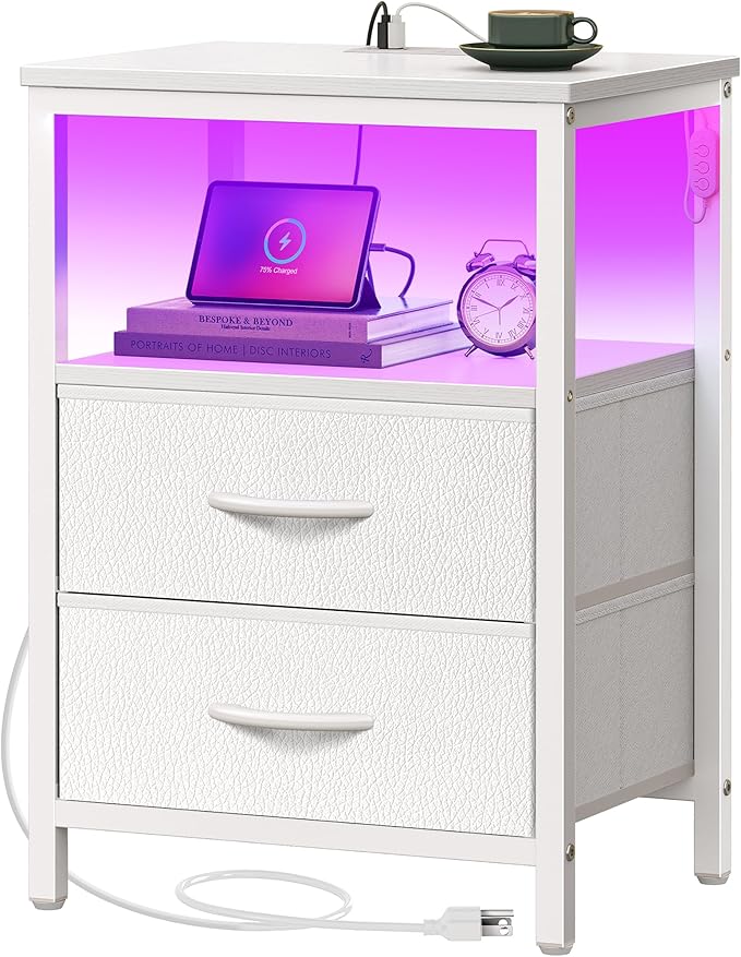 Huuger Night Stand with Charger Station and LED Lights, 2 Drawer Nightstand, Bed Side Table with Open Shelf, End Table, Fabric Dresser for Bedroom, PU Leather, White