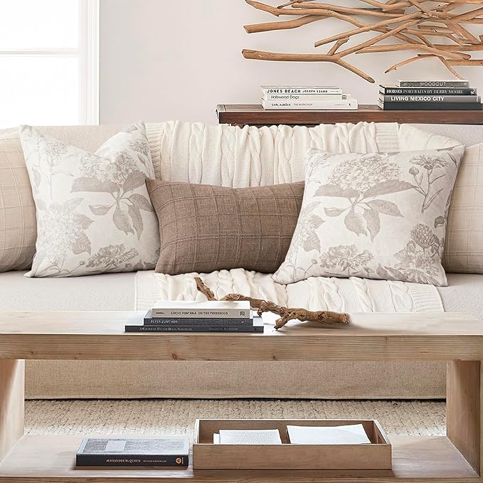 Foindtower Set of 2 Linen Floral Vintage Throw Pillow Covers Neutral Accent Print Decorative Cushion Covers Farmhouse Home Decor for Sofa Chair Couch Bedroom Living Room Outdoor,18×18 Inch,Tan Beige