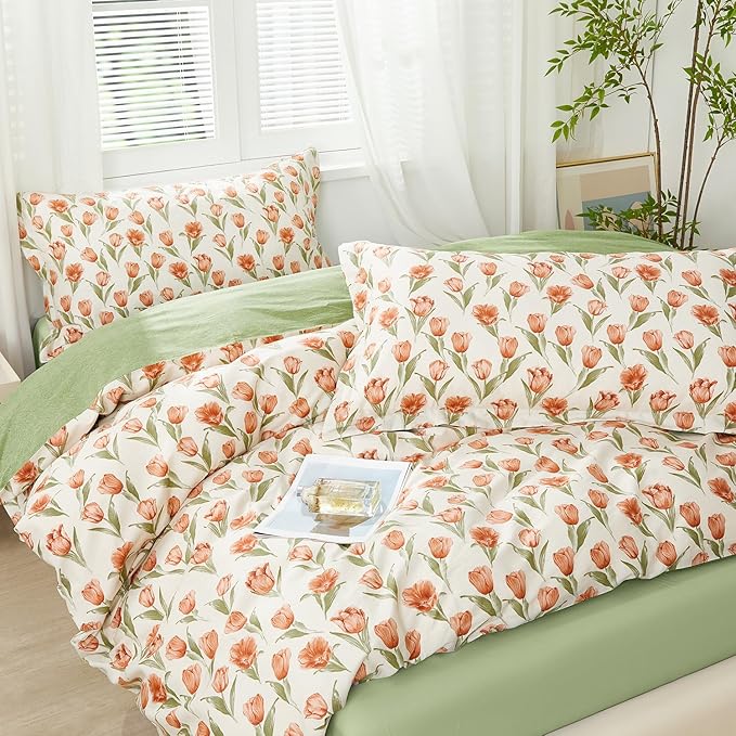 SAPHREAS King Size Red Tulips Floral Duvet Cover Set 3pcs Garden Style Green Leaves Soft Cozy Bedding Comforter Cover Set 100% Cotton 1 Duvet Cover 104"x90" 2 Pillow Shams, Comforter Not Included
