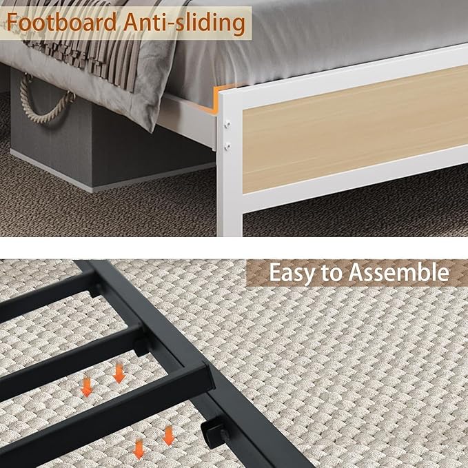 Twin Bed Frame with Storage Headboard, Metal Platform Bed Frames Twin with LED Lights and Charging Station, Heavy Duty Metal Slats, No Box Spring Needed, Easy Assembly, Beige