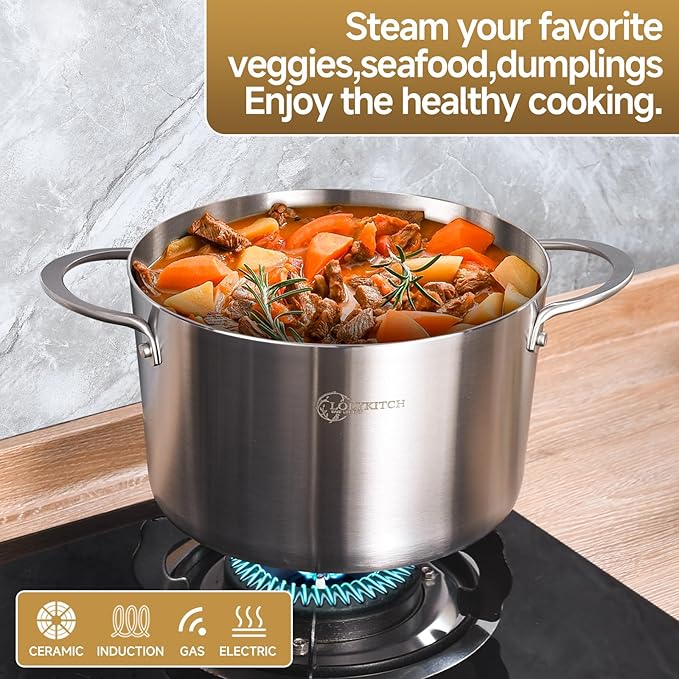LOLYKITCH Tri-Ply Stainless Steel 5 QT Stock Pot with Lid, Induction Cooking Pot,Soup Pot,Compatible with All Stoves,Oven and Dishwasher safe.