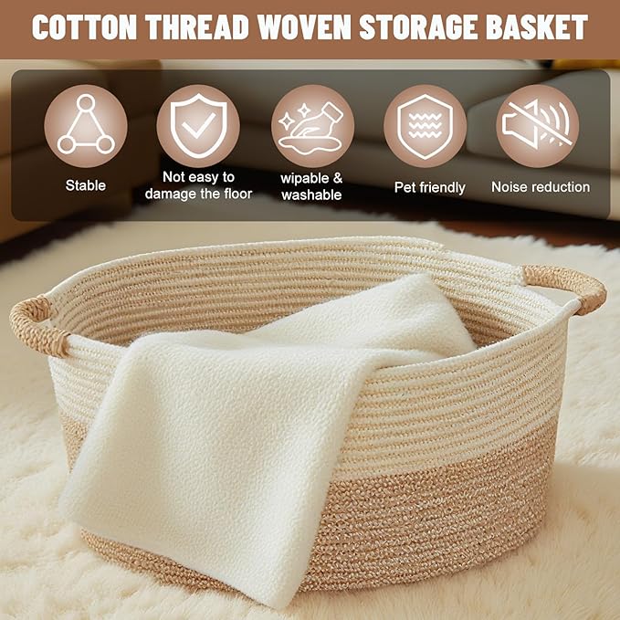 Small Woven Laundry Basket, Cotton Rope Storage Basket for Bedroom, Nursery & Bathroom – Toy Storage Organizer (Small(21.65" L x 12.6" W x 8.46" H))