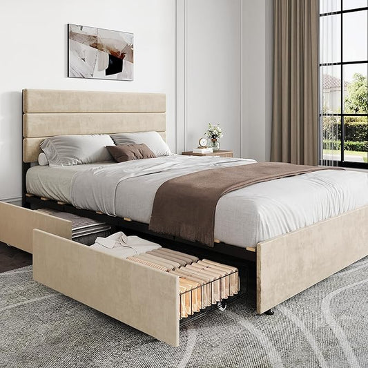 WLIVE Full Size Upholstered Bed Frame with 4 Drawers and Velvet Square Tufted Headboard, Sturdy Metal & Wooden Slats Support, No Box Spring Needed, Easy Assembly, Beige
