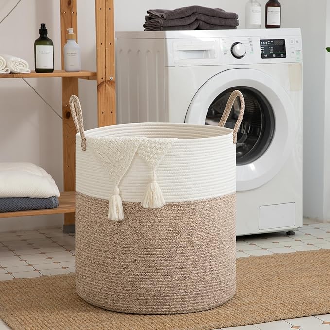 OIAHOMY 100L Laundry Hamper, Dirty Clothes Hamper for Bedroom, Collapsible Laundry Basket, Large Blanket Basket, Nursery Hamper with Handle, Blanket Storage for Living Room-18.5x21inches-Brown&White