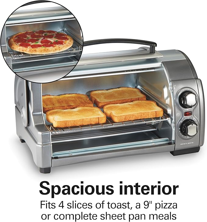 Hamilton Beach Easy Reach 4-Slice Countertop Toaster Oven With Roll-Top Door, 1200 Watts, Fits 9” Pizza, 3 Cooking Functions for Bake, Broil and Toast, Silver (31344DA)
