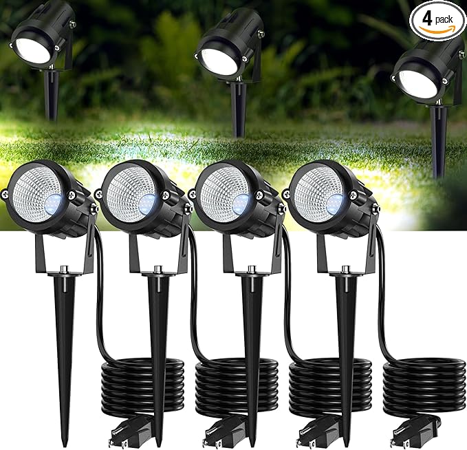 High Brightness 1000LM Outdoor Spot Lights for Yard, 6500K Daylight Spot Lights Outdoor with 4.9FT Electric Cord, 10W LED IP66 Waterproof Landscape Spotlights for Garden Tree Flag - 4 Pack