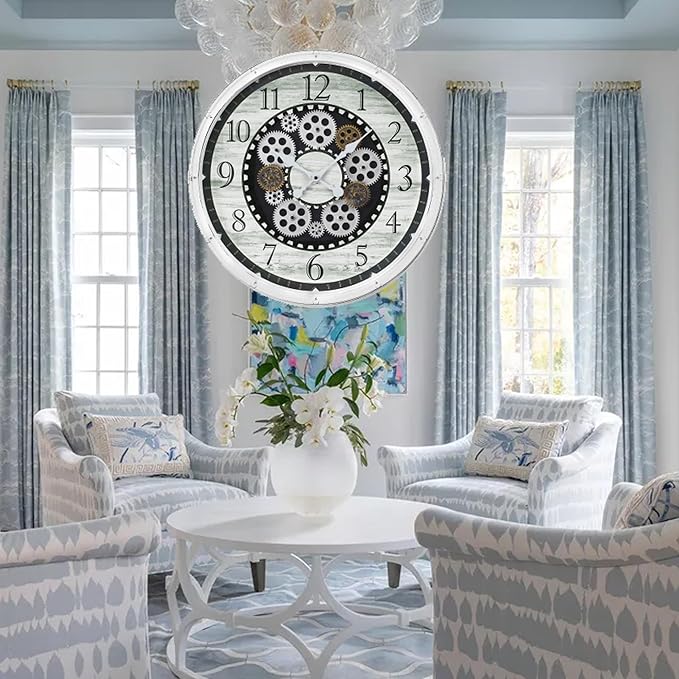 20 Inch Steampunk Wall Clock with Decorative Gears, Industrial Vintage Analog Clock for Living Room, Farmhouse, Office Decor, Silent Non-Ticking Battery Operated,Blue