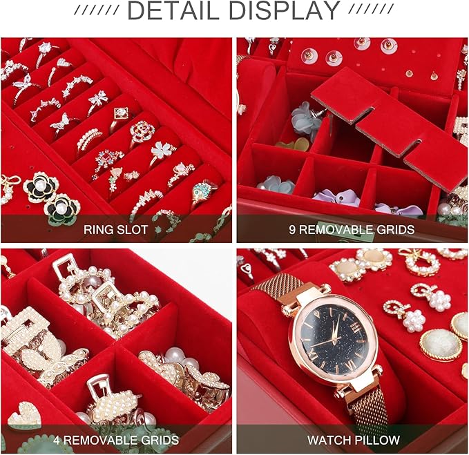 DesignSter Jewelry Box,Jewelry Organizer with 2 Drawers, 3 Layers Leather Jewelry Storage Box with Lock, Jewelry Storage Case for Necklaces Earrings Bracelets and Rings（Red）