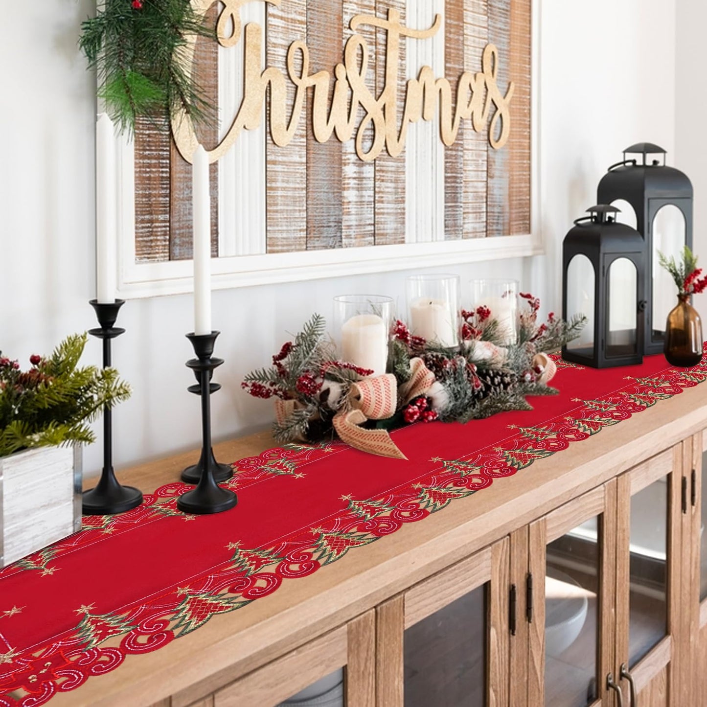 SHANGRLA Red Christmas Tree Table Runner 72 Inches Long – Embroidered Lace Tablerunner with Xmas Tree Design, Elegant Festive Dining Room Table Decor, Holiday Table Linen Centerpiece