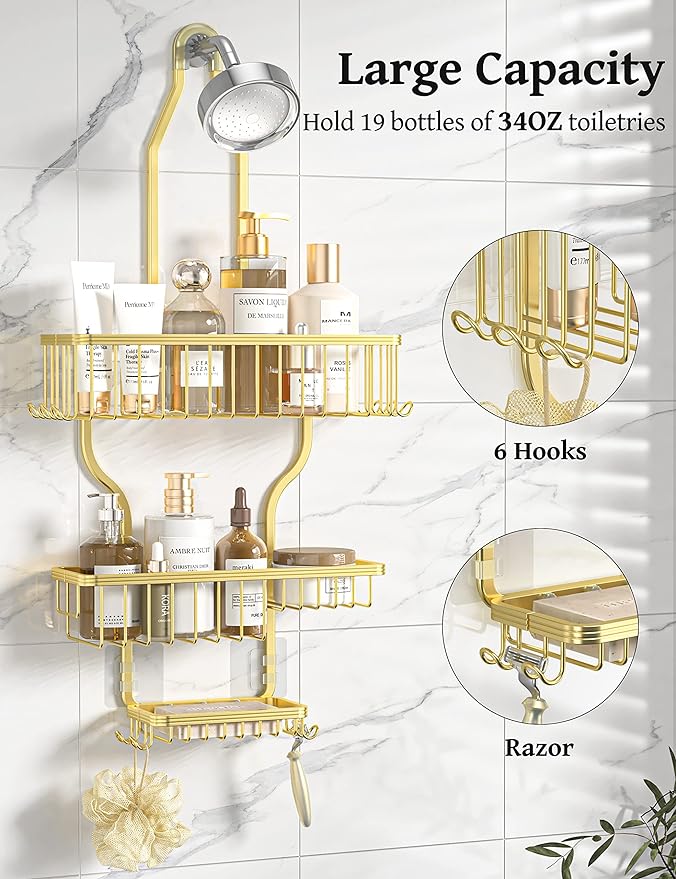 YASONIC Shower Caddy Over Shower Head Never Rust Aluminum Large Hanging Shower Caddy with 10 Hooks for Razor/Sponge - Over The Shower Head Caddy with Soap Basket - Hanging Shower Organizer Gold