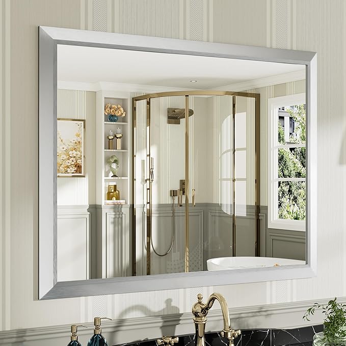 40x32 Inch Silver Bathroom Mirror for Wall, Thick Metal Framed Rectangle Mirrors for Over Sink, Bedroom, Living Room, Entryway, Anti-Rust, HD Tempered Glass