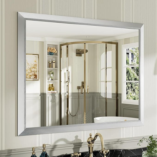 40x32 Inch Silver Bathroom Mirror for Wall, Thick Metal Framed Rectangle Mirrors for Over Sink, Bedroom, Living Room, Entryway, Anti-Rust, HD Tempered Glass
