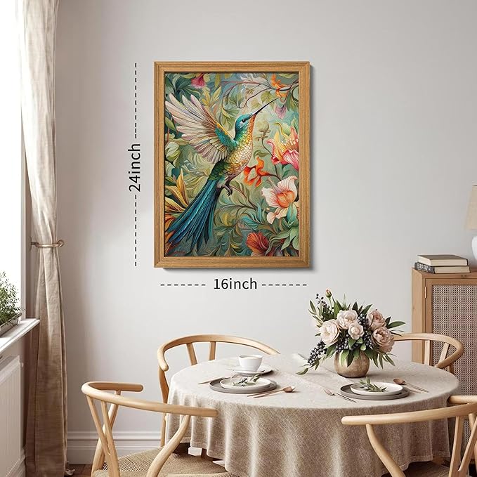 Framed Vintage 3D Textured Wall Art - Colorful Hummingbird Floral Wall Decor - Hand Painted Sandstone Nature Botanical Picture for Living Room Bedroom Home Decor 16x24 inch