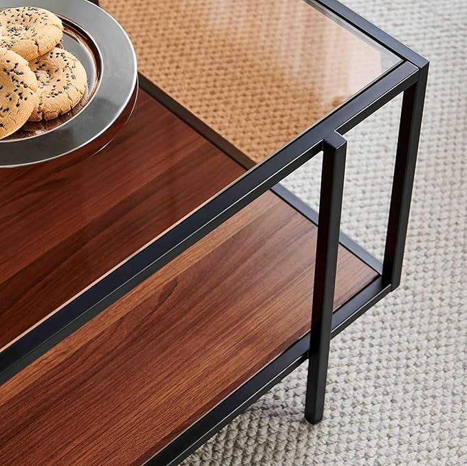 Shrine Glass Coffee Table, Modern Design, Dual-Layer Coffee Table for Living Room, Black-Plated Metal Frame, Brown Glass Top, Walnut Wood Panels