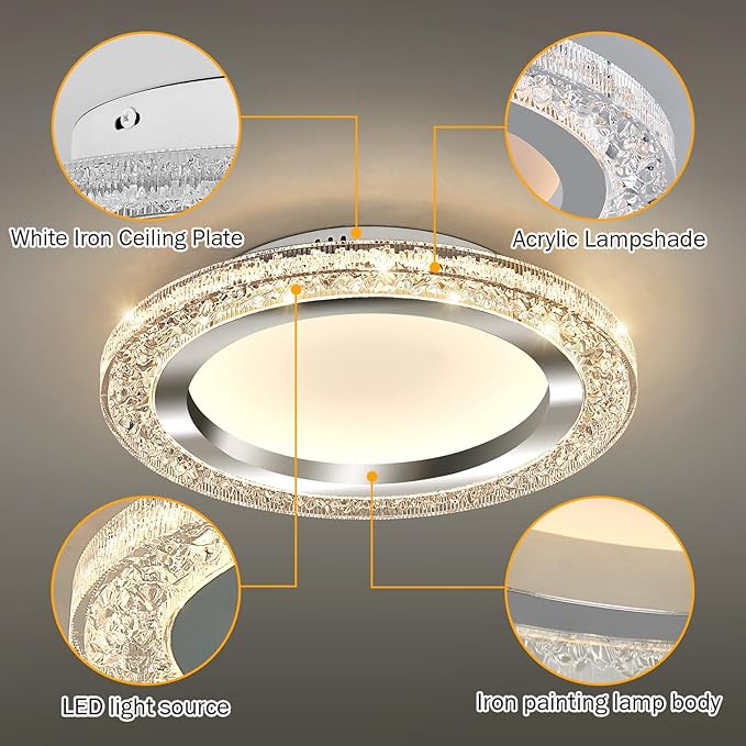 UOFUS 32W LED Flush Mount Ceiling Light Chrome 15.7inch Modern Round Ceiling Light Fixture 3000K-6000K Super Bright Circle Ceiling Lamp for Bedroom Kitchen Dining Room Entryway Hallway Foyer