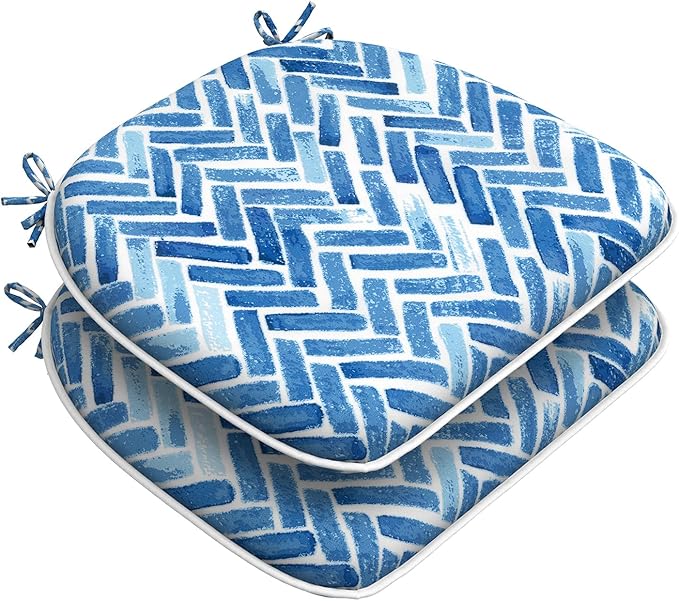 Set of 2 Outdoor Chair Cushions with Ties,Water Repellent Patio Chair Pads 17"x 16" for Outdoor Furniture,Round Corner Seat Cushions for Garden Yard Kitchen Blue Bricks