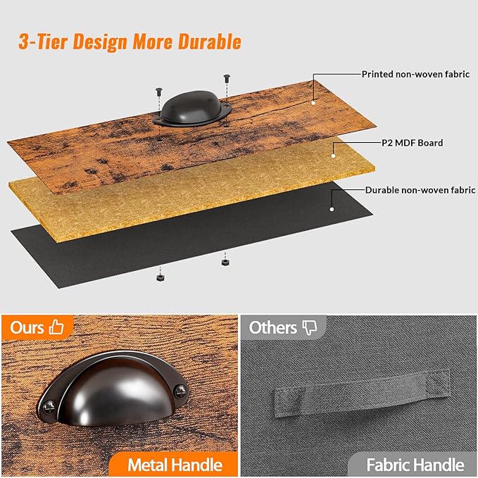 Furologee End Table with Storage Shelf and Fabric Drawer, 2 Tiers Industrial Nightstand, Bedside Table Organizer for Living Room Bedroom, Rustic Brown, Easy Assembly