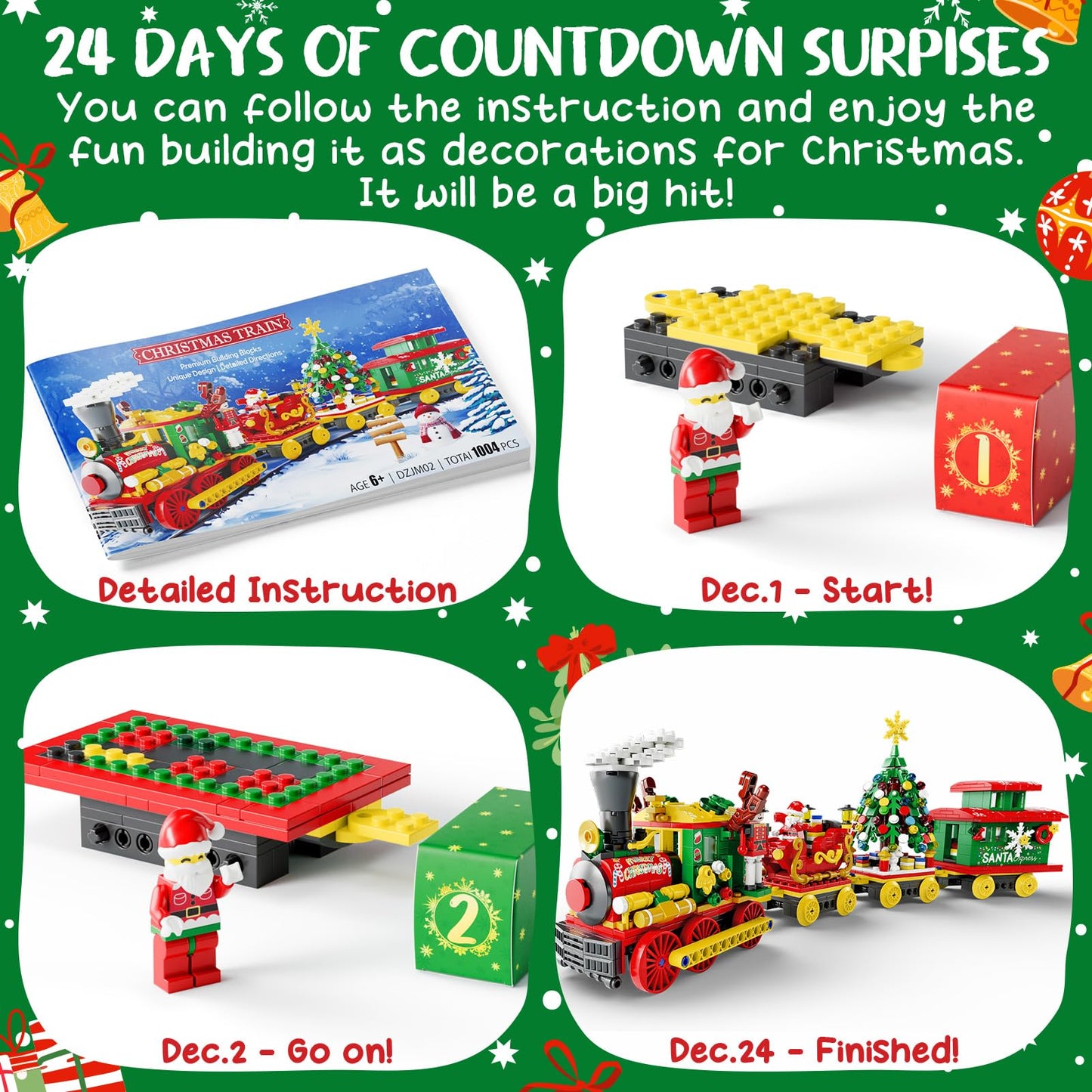 Advent Calendar 2025 for Kids Boys Girls, 24 Days Surprise Christmas Train Building Blocks Christmas Countdown Calendar Gift Box with 1004 PCS Xmas Building Bricks Toy Decor for Teens Adults Women Men