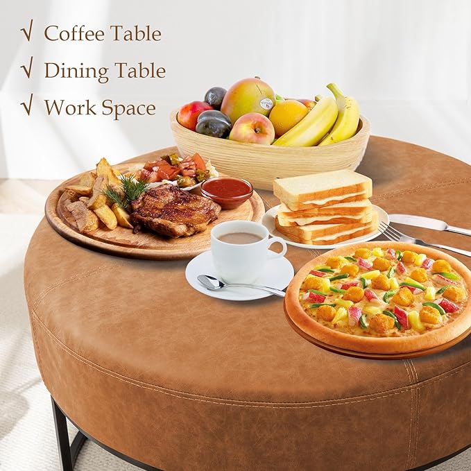 Modern Round Coffee Table, Farmhouse Ottoman for Living Room, Large Vintage Leather Coffee Tables with Leather Upholstered Padded Seat [Round, Vintage Brown, 30'']