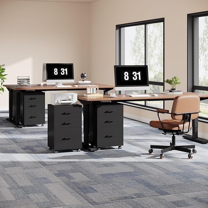 Triebsigns 3 Drawer File Cabinet, Wooden Office Filing Cabinet, Modern Rolling Printer Stand for Home Office, fits A4 or Letter Size, Under Desk, Black