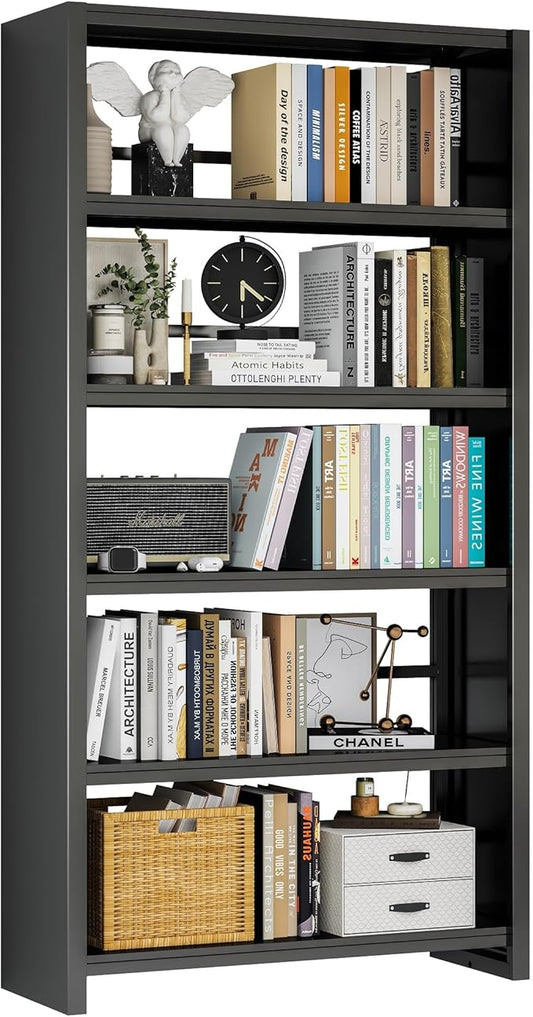 69.3" Tall Bookcase, Metal Bookshelf, Black 5-Tier Bookshelves and Bookcases, Heavy Duty Industrial Storage Shelves for Living Room, Office, Study, Home Library & Kitchen