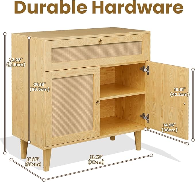 Storage Cabinet with Rattan Decor Doors & Drawer, Modern Bathroom Floor Storage Cabinet Organizer, Freestanding Cupboard for Kitchen/Living Room Use