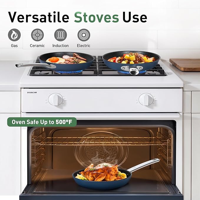 Kitchen Academy Ceramic Nonstick Frying Pans Set/Fry Pan/Skillet Sets, Healthy Induction Cookware Set Suitable for All Stove, Oven Safe up to 550℉