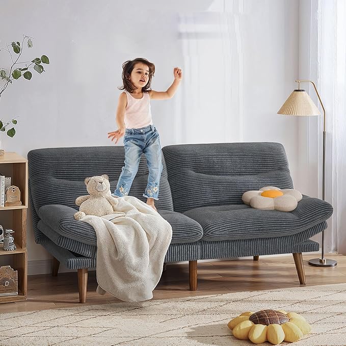 Pipishell Futon Sofa Bed, 73" Convertible Futon Couch, Adjustable Backrest & Armrests, Corduroy Recliner Sleeper Sofa for Small Spaces, Living Room, Office, Guest Room (Grey, 73 in)