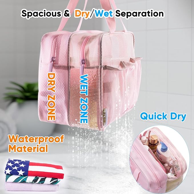 Large Mesh Shower Caddy with Wet & Dry Zones – Portable Hanging Toiletry Bag for College Dorm Room Essentials, Travel, Gym, Camping, Beach Tote Bag – Quick-Dry Shower Tote Organizer