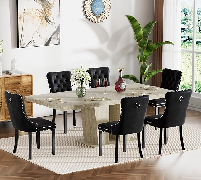 Goujxcy 7-Piece Extendable Dining Table Set for 6, 63-78 Inch Faux Travetine Kitchen Table Set with 6 Black Upholstered Chairs Modern Wood Expandable Dining Room Table Set for Kitchen Apartment
