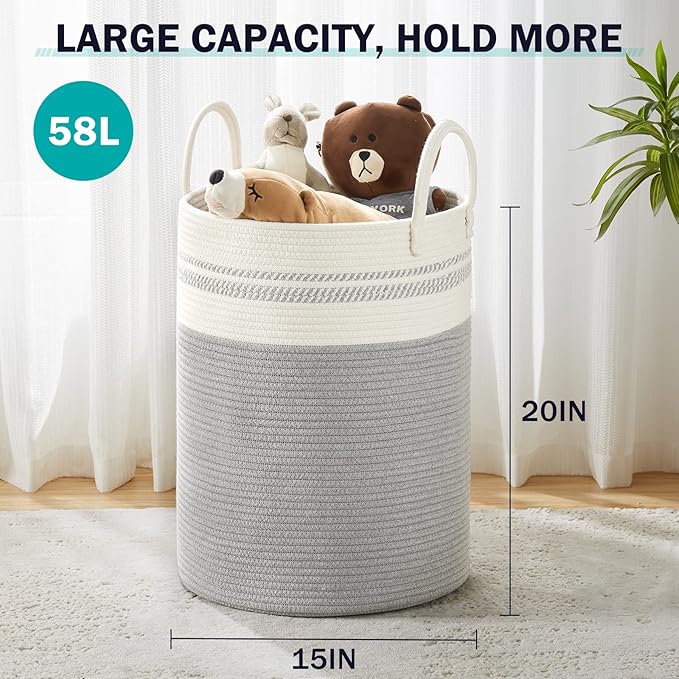 Woven Rope Laundry Hamper Basket, 58L Tall Luandry Basket, Baby Nursery Hamper for Blanket Storage, Clothes Hamper for Laundry in Bedroom-Grey