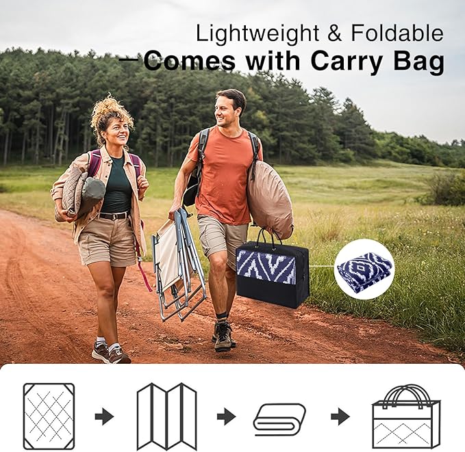 OLANLY Outdoor Rug 5x8 ft Waterproof, Outdoor Plastic Straw Rug with Geometric Pattern Clearance, Reversible RV Mat for Patio, Camping, Balcony, Deck, Backyard, Navy & White