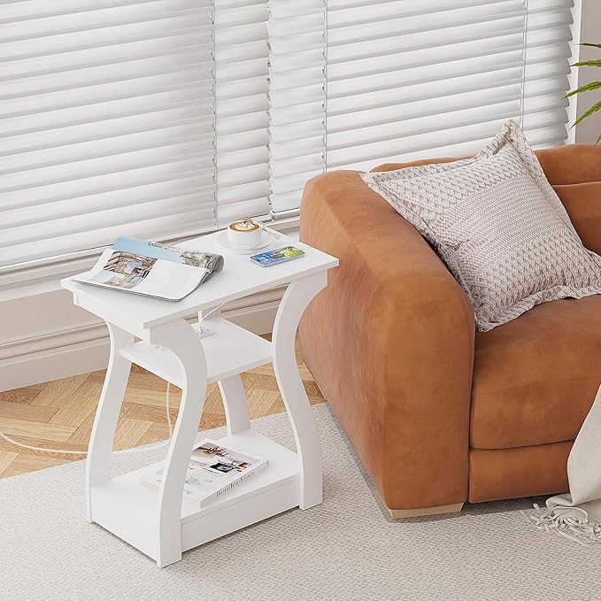 End Table with Charging Station, Side Table with USB Ports and Outlets, 3 Tier Nightstand Sofa Table for Small Spaces, Beside Table with Storage Shelf for Living Room, Bedroom