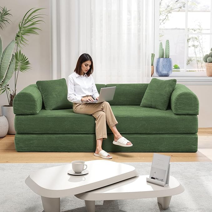 Rovibek 4-in-1 Convertible Sleeper Sofa Bed Queen Size, Foldable Floor Couch Corduroy, Folding Futon Sofa Beds with Pillow and Fixed-Shape Frame, Suitable for Living Room, Bedroom, Lounge, Green