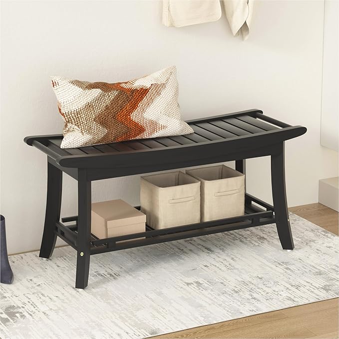 Bamboo Entryway Storage Bench with Shelves Shoe Rack Bench Seat Organizer for Porch Bedroom Bathroom Balcony 39 x 13 x 19.2 Inches Black