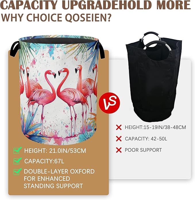 Flamingo Tropical Laundry Basket,Exotic Leaves Flower Collapsible Laundry Baskets with Handles,Waterproof Oxford Cloth Storage Basket 16"x20" for Bathroom/Bedroom/Dormitories