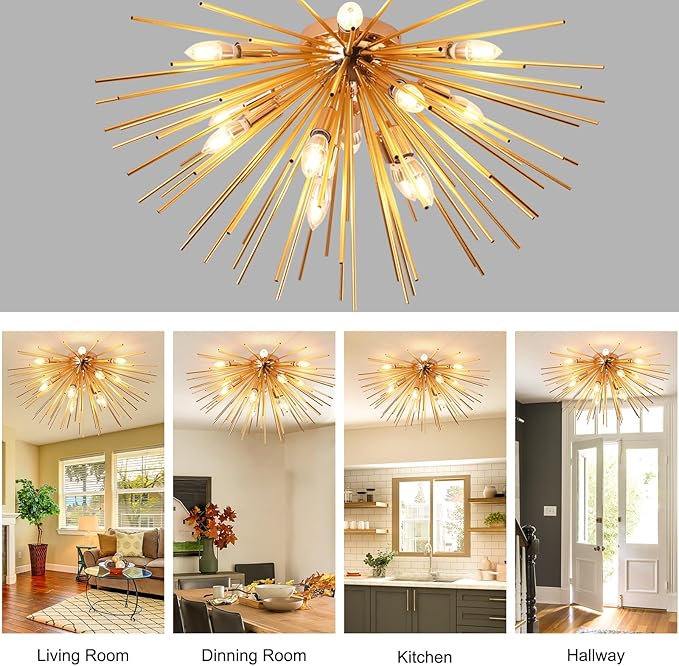 Jaycomey Sputnik Ceiling Light Fixtures, Mid-Century 12 Lights Gold Firework Ceiling Light, Modern Semi Flush Mount Ceiling Lamp for Bedroom Living Dining Room, E12, Dia 29.5 Inch